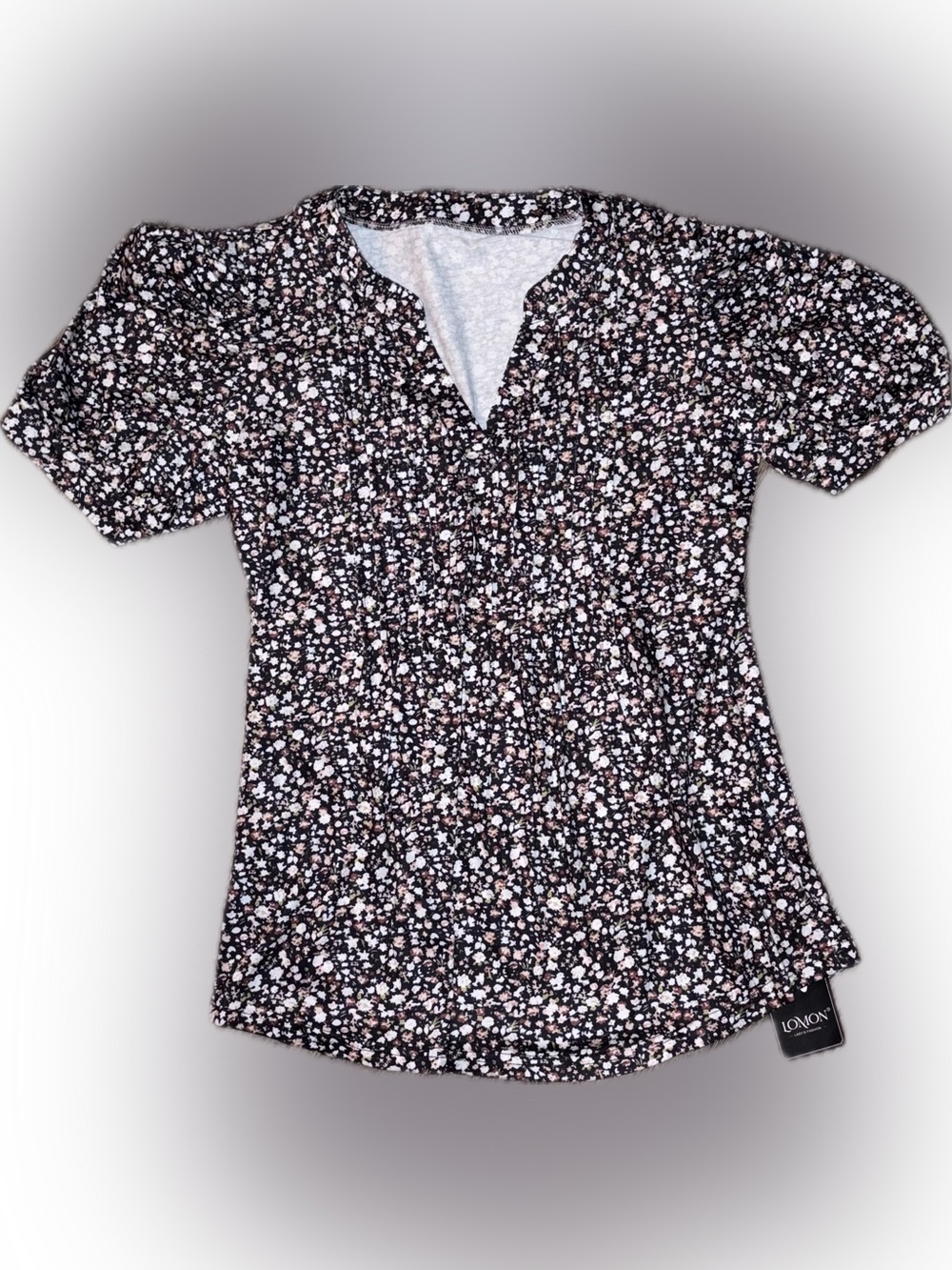 LOVON Black Floral Split-Neck Short Sleeve Tee